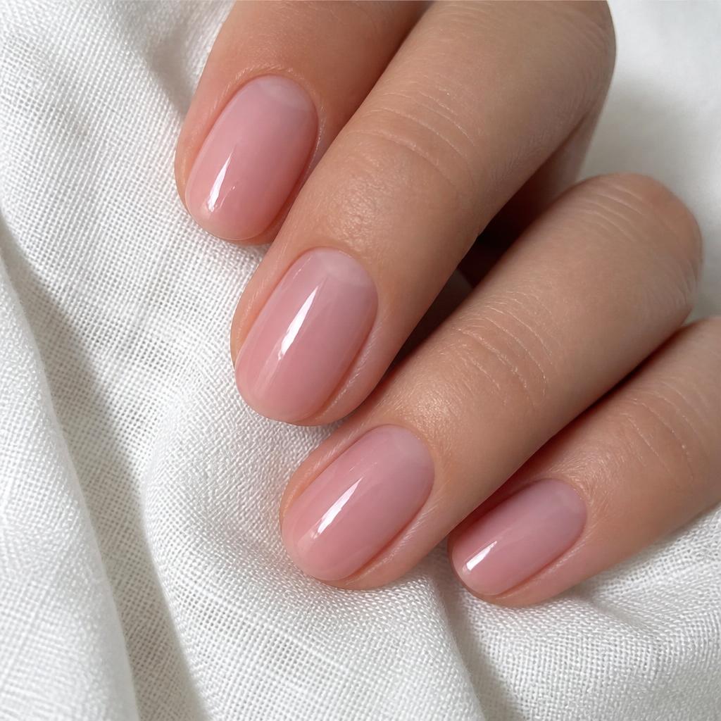 Sheer pink nails on white linen