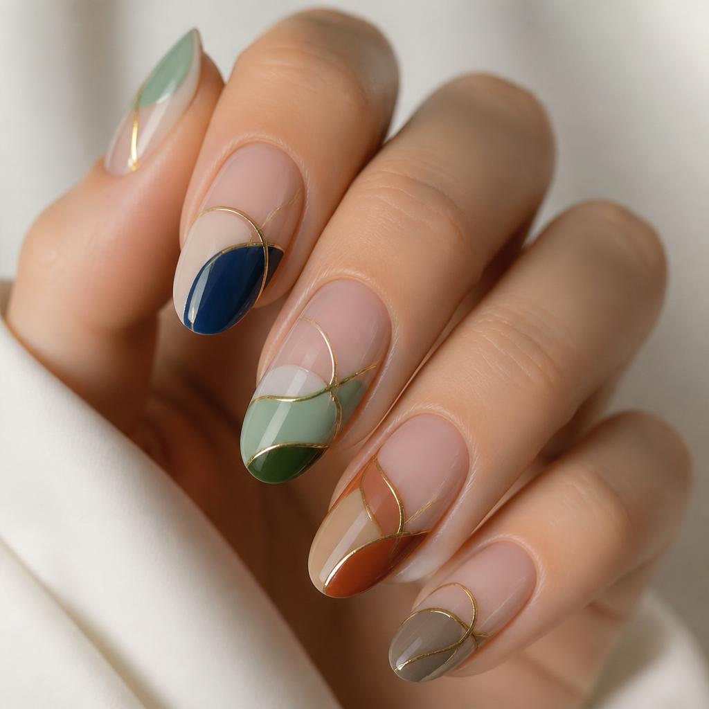 Abstract nail art with thin gold lines