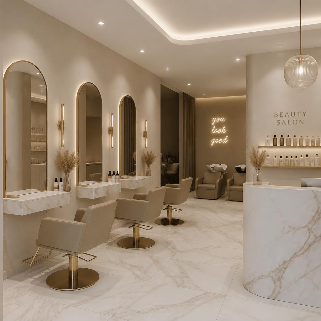 Aesthetic salon interior with marble and beige tones